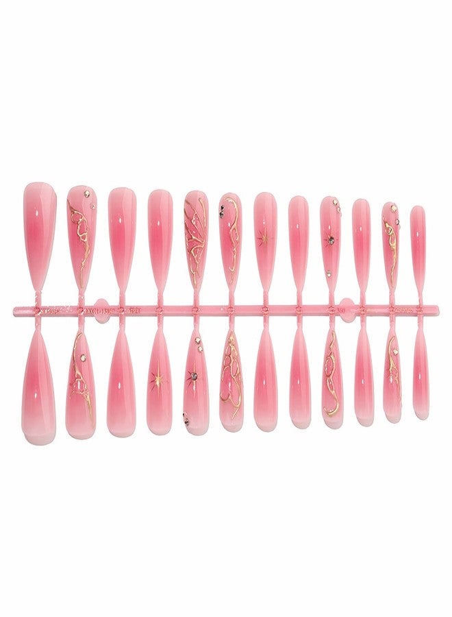 MISUD Press on Nails - Long Stiletto Fake Nails with Pink Ombre, Acrylic 3D Gold Chrome Design 24 pcs - Image 2